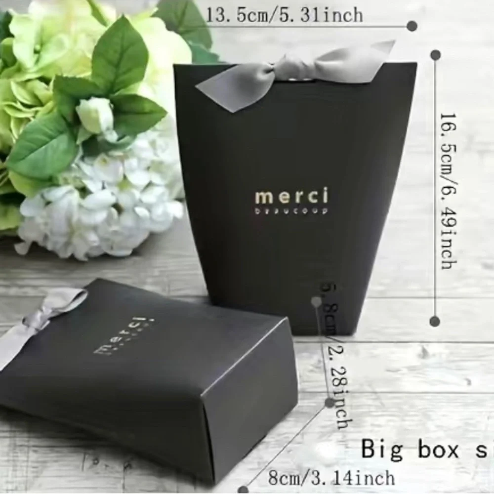 12 Pcs Paper Bags ( Merci Beaucoup ) Gift Bag, Packaging Box with Gray Ribbon - Picture 11 of 11